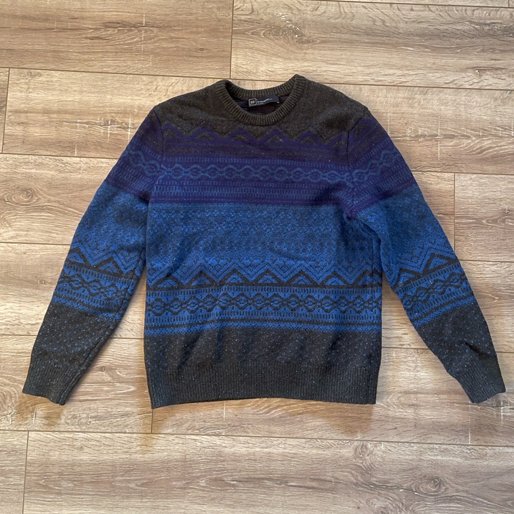 Men’s GAP Nordic Wool Sweater Gray/Blue/Light Blue Size Large